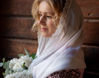 Infinity chapel veil for mass, Lace infinity veil for women, Ivory catholic veil, Floral lace veil, Floral headcovering, Religious veil