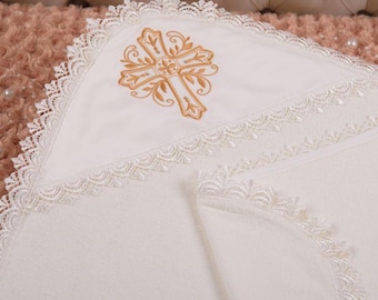 Baptism baby towel with embroidered cross, Terry cloth christening blanket with a hood, Newborn baptism gift, Church ceremony gift