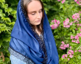 Dark blue christian headscarf with black lace trim for women, Handmade church veil or mantilla for mass, modest elegant covering