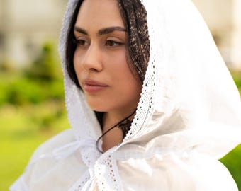 Chapel veil with crochet lace trim, Hooded mantilla headscarf for orthodox church or catholic mass, cotton tie front modest head cover