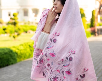Chal de lino bordado rosa claro, pañuelo floral para la cabeza para la iglesia, elegante mantilla o bufanda de verano para mujer, bufanda orgánica natural