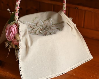 Embroidered linen Easter basket cover with floral decor, Beige Easter cloth, Spring church basket linen, Ukrainian Easter napkin