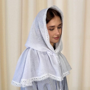 White hooded chapel veil, Catholic orthodox head covering for church, Prayer veil, Linen mantilla with tie, Religious veil for confession