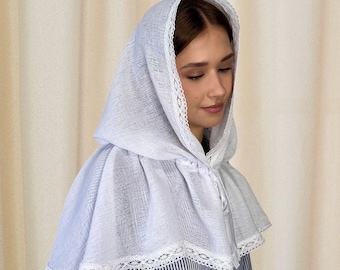 White hooded chapel veil, Catholic orthodox head covering for church, Prayer veil, Linen mantilla with tie, Religious veil for confession