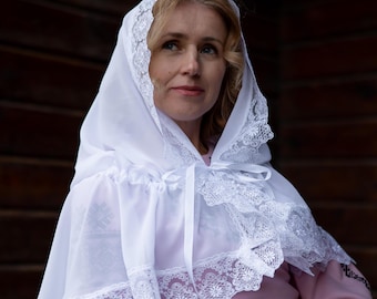 Orthodox Christian head covering with hood & ties — Elegant Church mantilla for women, White lace chapel veil