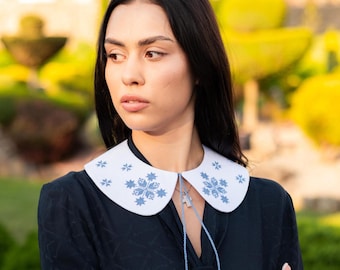 Handmade detachable white cotton collar with blue folk embroidery and tie string detail for dresses blouses vintage retro styling