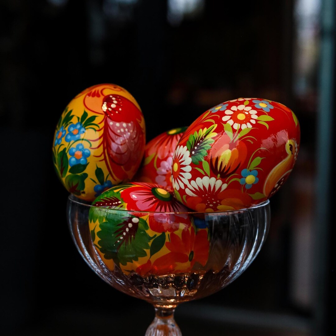 Set 4 Hand Painted Ukrainian Wooden Easter Eggs, Petrykivka Folk Art ...