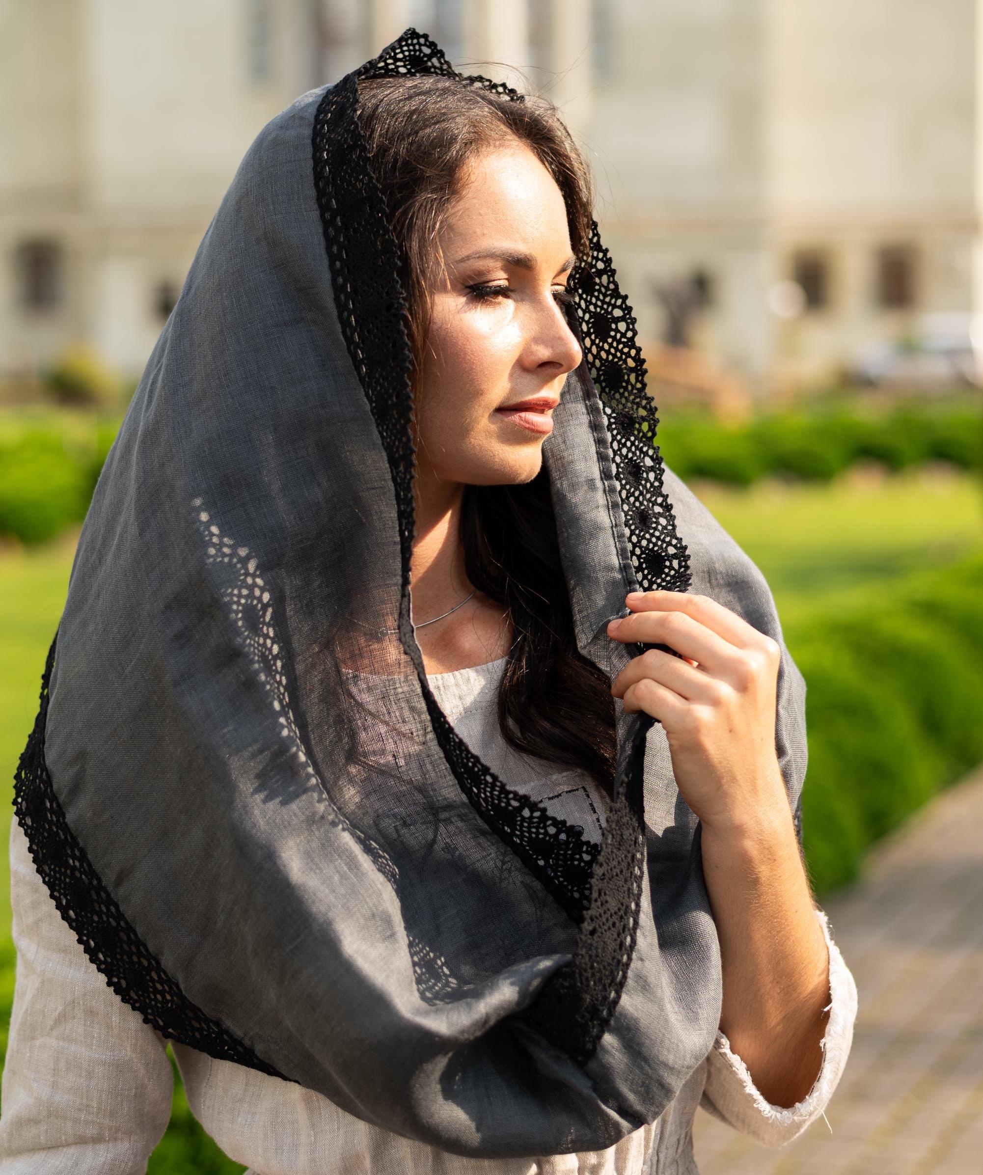 Gray Infinity Chapel Veil Mantilla With Black Crochet Lace Trim