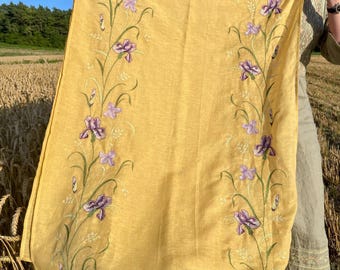 Yellow linen scarf with purple floral embroidery for women, Lightweight wrap or head covering for spring and summer outfits