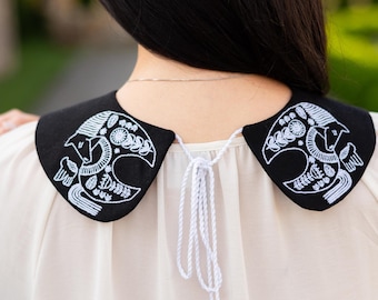 Women's сollar with embroidery folk black detachable peter pan collar with white horse design, Boho statement accessory for blouses dresses