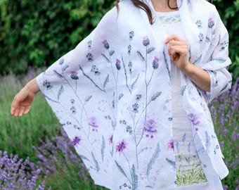 Bridal scarf floral linen scarf, Embroidered shawl with flowers, Boho linen scarf with botanical embroidery, Embroidered wrap for wedding