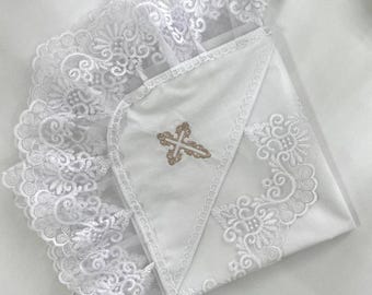 Kryzhma baby christening blanket, Embroidered baptism towel with cross design, White cotton christening kryzhma, Baby baptism gift