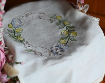 Orthodox Easter basket cover with Easter bunny and egg embroidery, Linen Easter basket cloth, Embroidered easter towel, Easter basket decor