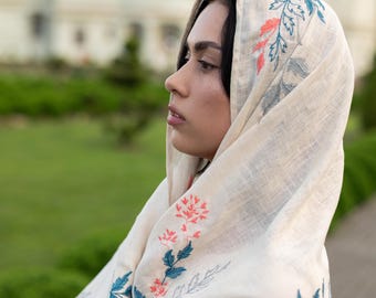 Natural linen embroidered scarf with coral and blue floral design, Lightweight modest head covering shawl for prayer and everyday elegance
