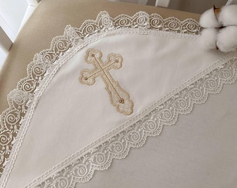 Baptism blanket Kryzhma, Embroidered blanket with blessing cross embroidery, Hooded baptism towel for a baby, Christening baby blanket