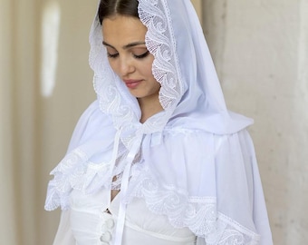 Véu católico branco com capuz e detalhes em renda, véu de mantilha para missa, véu de oração, véu de igreja, cobertura religiosa para cabeça, véu ortodoxo