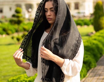 Voile de chapelle en lin noir avec dentelle, foulard chrétien, voile mantille pour l'église, voile de messe catholique, couvre-chef religieux modeste