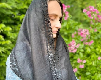 Black linen infinity chapel veil with crochet lace trim, Modest head covering for church, prayer, mass or spiritual everyday wear