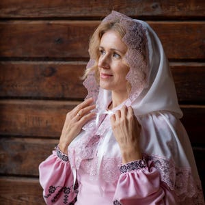 Orthodox church veil, White prayer scarf with lace, Women&#39;s Chapel head covering, Elegant worship mantilla, Christian headscarf