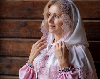 Orthodox church veil, White prayer scarf with lace, Women's Chapel head covering, Elegant worship mantilla, Christian headscarf