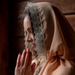 Embroidered folk costume accessory for heritage events and ceremonies, Handmade traditional lace hooded scarf with satin finish