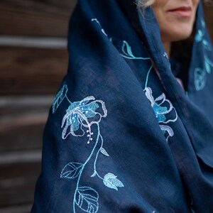 Navy blue linen shawl with blue and white floral embroidery – Lightweight elegant wrap for women, Folk style scarf or special gift
