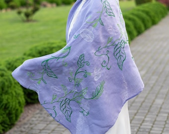 Lilac linen scarf with green leaf and white floral machine embroidery – Lightweight botanical wrap for women, Elegant nature-inspired shawl