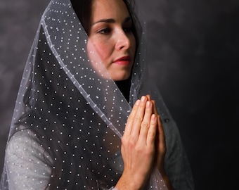 White polka dot tulle chapel veil, Sheer dotted head covering for mass, modest catholic prayer mantilla scarf for women and teens