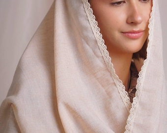 Natural beige linen church veil with delicate lace trim, Modest headscarf mantilla for women, Catholic orthodox prayer and liturgy wear