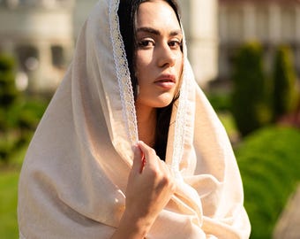 Mantilla de encaje beige para capilla, ligera cubierta para la cabeza con aspecto de lino para iglesias católicas ortodoxas, misas de boda y chal de oración.