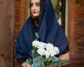 Elegant navy blue lace chapel veil, Infinity prayer scarf for church, Catholic mantilla head covering with floral trim