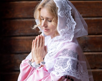 Pañuelo de encaje blanco para mujer, velo tradicional transparente para iglesia, mantilla bordada para oración, bodas u ocasiones especiales, velo cristiano