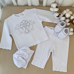 Baby christening outfit set with cross embroidery, White baptism clothing set with hat and shoes, Elegant baby ceremony wear