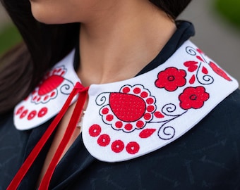 Red floral detachable peter pan collar with ribbon tie, Embroidered folk style statement collar for dresses, blouses & sweaters