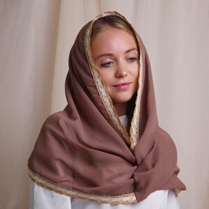 Chocolate brown church veil with gold lace trim, Modest mantilla headscarf for women, Orthodox catholic chapel prayer liturgy wrap