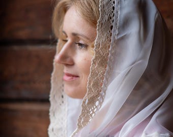 Orthodox Christian head covering with lace trim, Modest white church veil, Sheer prayer shawl for women, Religious headscarf wrap