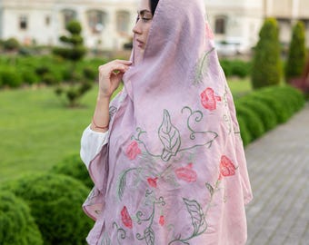 Light purple linen scarf with red floral embroidery, Botanical shawl, Soft boho nature wrap for spring and summer styling