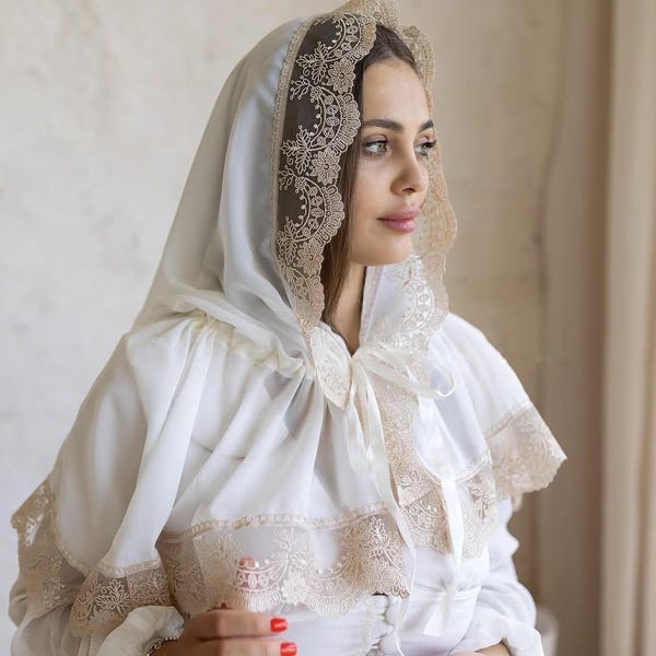 Beige lace catholic veil for mass, Catholic head covering for women, Orthodox headscarf, Ivory church veil, Religious gift for women