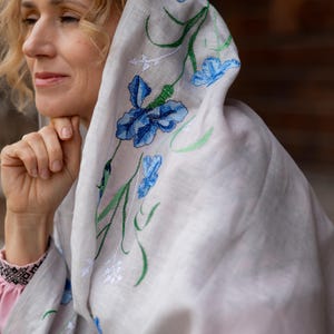 Linen shawl with blue floral embroidery – Lightweight soft wrap scarf for women – Elegant natural fabric boho chic accessory