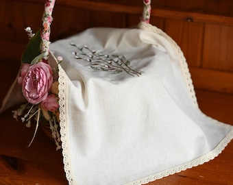 Broderat påskkorgskydd i linne med pilgren, kristet påskvälsignelsekorgskydd, traditionell påsktextildekor för hemmet