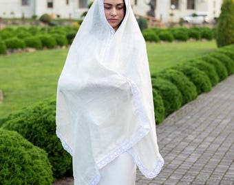 Christian prayer shawl, Linen christian prayer scarf, Ivory christian headscarf, Large women's wedding scarf, Lace linen scarf for women