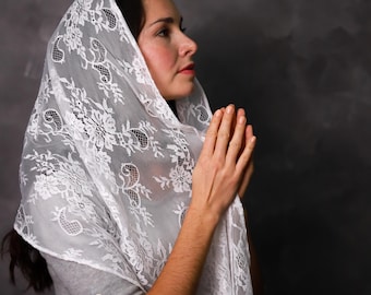 White floral lace chapel veil mantilla, Sheer catholic head covering for mass, Wedding or prayer shawl, Modest church scarf for women