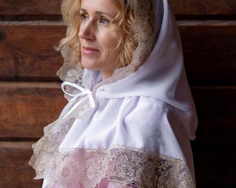 Elegant Orthodox church veil, White lace prayer scarf, Chapel head covering, Religious worship mantilla, Christian headscarf with ties