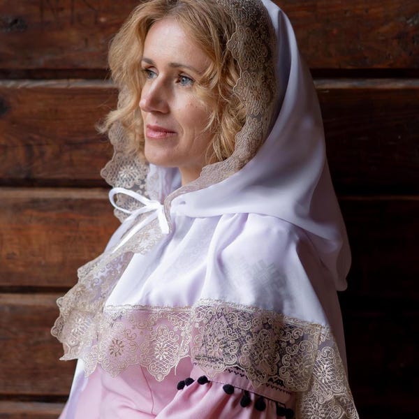 Elegant Orthodox church veil, White lace prayer scarf, Chapel head covering, Religious worship mantilla, Christian headscarf with ties