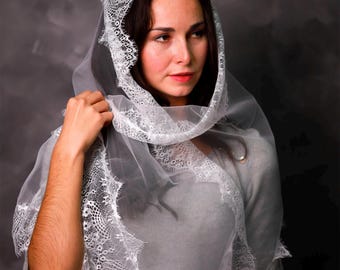 Chantilly mantilla veil with floral pattern, White lace chapel veil for mass, Lace wedding veil, Soft tulle scarf, Bridal head covering
