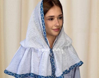 Linen chapel veil with blue slavic trim, Orthodox prayer veil, Head covering for women, Whiite veil for church or liturgy