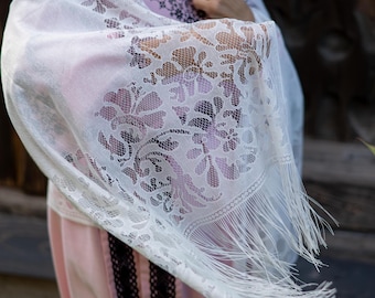 White lace shawl — Vintage-inspired lightweight wrap with floral embroidery & fringe — Elegant scarf for women — Orthodox lace scarf