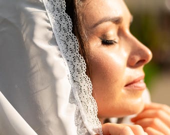 Velo de capilla con mantilla y capucha, velo infinito blanco con ribete de encaje, para cubrir la cabeza en la iglesia católica para misa, RCIA, boda y oración.
