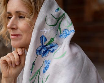 Linen shawl with blue floral embroidery – Lightweight soft wrap scarf for women – Elegant natural fabric boho chic accessory
