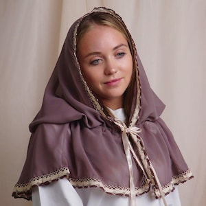 Cappuccino church veil with hood and lace, Modest mantilla cape headscarf for women, Satin ties, Catholic orthodox chapel wear prayer